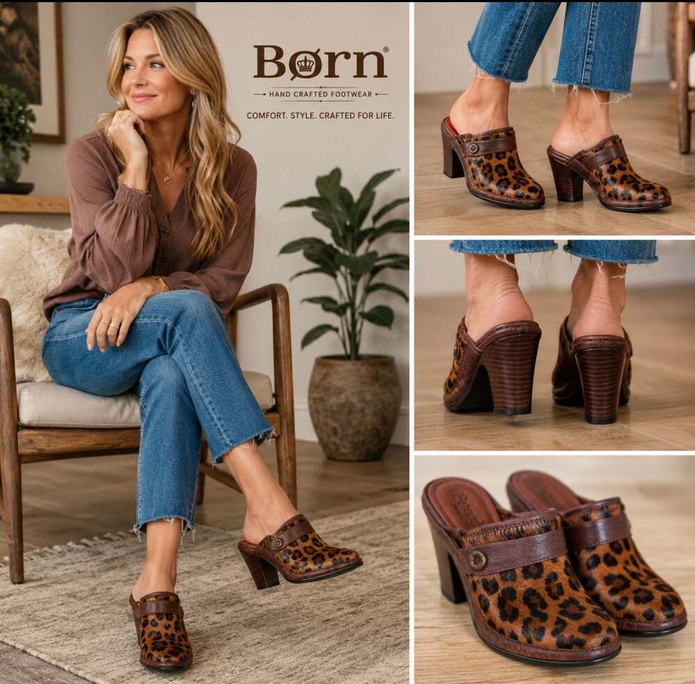 Born Crown Women's Leopard Print Hair-On-Hide Leather Heeled Mules